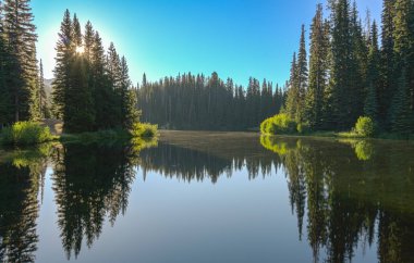 Güneşli gün British Columbia Kanada dağlarında dağ gölü.