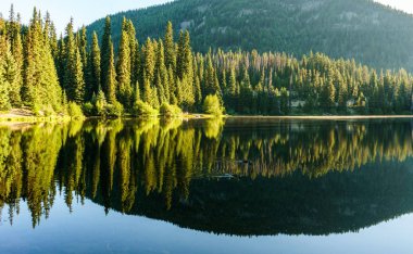 Güneşli gün British Columbia Kanada dağlarında dağ gölü.