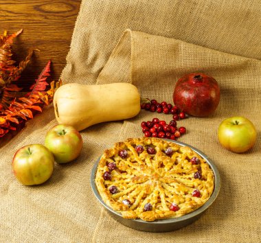 Sonbahar geleneksel elmalı turta natürmort kabak, kızılcık ve elma ile.