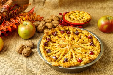 Sonbahar geleneksel elmalı turta natürmort kabak, kızılcık ve elma ile.