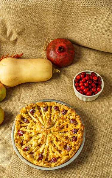 Caída pastel de manzana tradicional naturaleza muerta con calabaza, arándano y manzanas . — Foto de Stock
