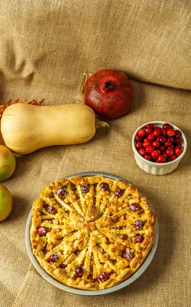 Fall traditional apple pie still life with pumpkin, cranberry and apples. — Stock Photo, Image