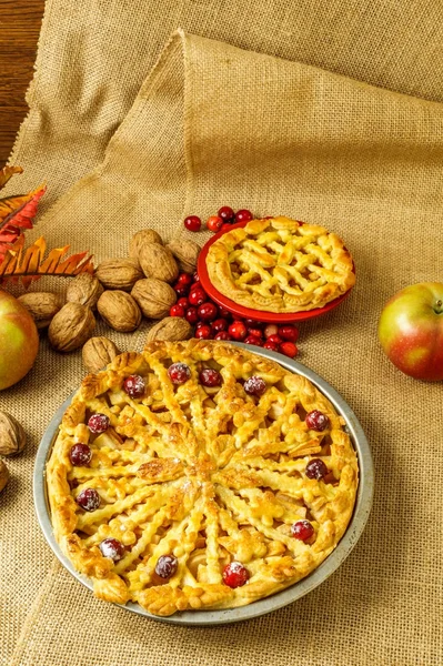 Fall traditional apple pie still life with pumpkin, cranberry and apples. — Stock Photo, Image