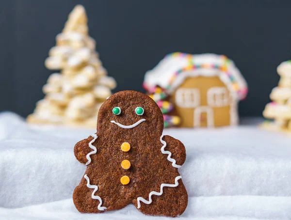 Home made delicious traditional gingerbread village and gingerbread man family black background. — Stock Photo, Image