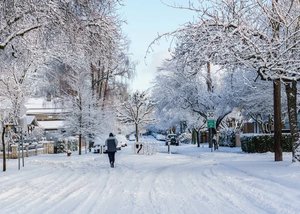 VANCOUVER, CANADÁ - 24 de febrero de 2018: Mañana de invierno después de una noche de ventisca de nieve corriendo por la calle Heather . —  Fotos de Stock