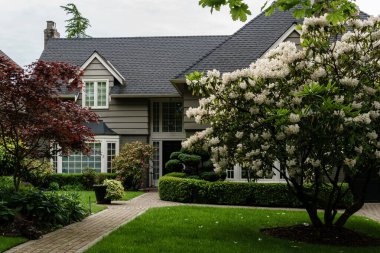 Vancouver, Kanada - 15 Mayıs 2019: Güzel kesilmiş yeşil sokak manzaralı güzel bir ev.