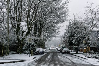VANCOUVER, CANADA - FEBRUARY 4, 2020: residential area during snowfall winter time.