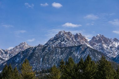 Güneşli bir bahar günü, ağaçlarla ve karla kaplı dağın en yakın manzarası.
