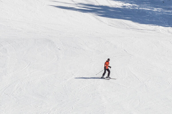 FAIRMONT HOT SPRINGS, CANADA - MARCH 16, 2020: freeride skier going down hill