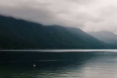 Güzel Chilliwack Gölü Yeşil Orman ve bulutlu gökyüzü Britanya Kolombiya Kanada