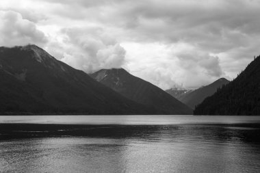 Güzel Chilliwack Gölü Yeşil Orman ve bulutlu gökyüzü Britanya Kolombiya Kanada