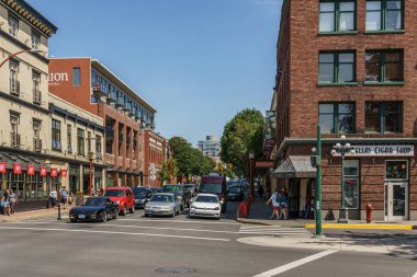 VICTORIA, CANADA - 14 Temmuz 2019: Tarihi yapı ve sokak manzarası