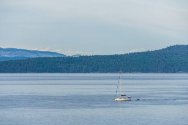 SIDNEY, CANADA - 14 HAZİRAN 2019: Vancouver Adası 'ndan Vancouver Boğazı manzaralı tekne bulutlu Britanya Kolombiyası Kanada