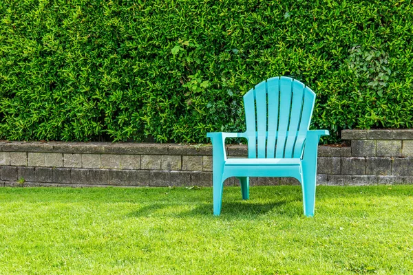 chair in a garden on a green lawn with bushes on the background