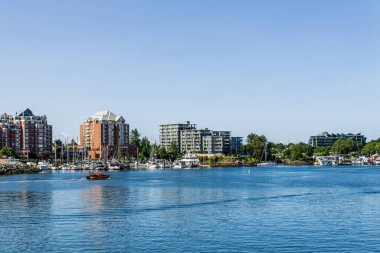 VICTORIA, CANADA - 14 Temmuz 2019: şehir merkezinde yatları ve modern binaları olan yoğun liman.