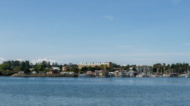 VICTORIA, CANADA - 14 Temmuz 2019: şehir merkezinde yatları ve modern binaları olan yoğun liman