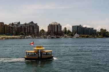 VICTORIA, CANADA - 14 Temmuz 2019: Yat ve modern binaları olan şehir merkezindeki işlek limanda yeşil deniz otobüsü