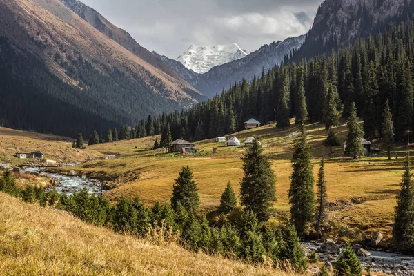dağ gorge karlı zirveleri ve yurts orta