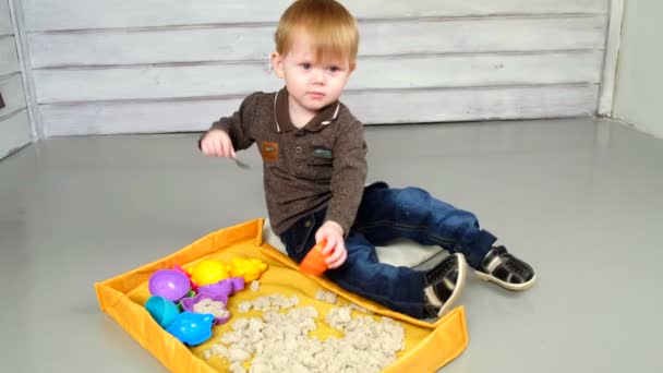 Menino brincando com ferrovia de madeira — Vídeo de Stock