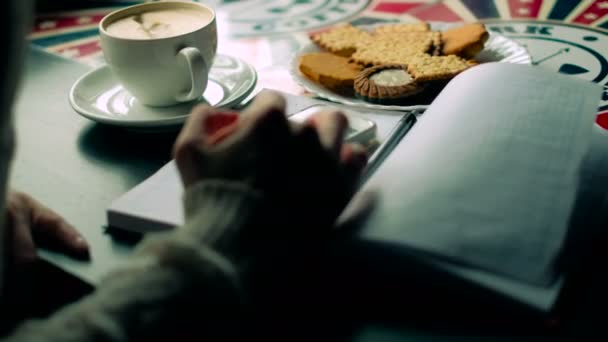 Ein Mädchen in einem Café trinkt Cappuccino Telefon 4k — Stockvideo