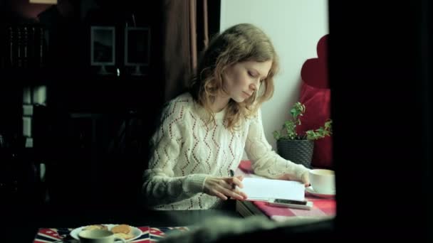 Ελκυστική γυναίκα έχει ένα φλιτζάνι τσάι στο εστιατόριο και λήψη σημειώνει στην pad 4k — Αρχείο Βίντεο