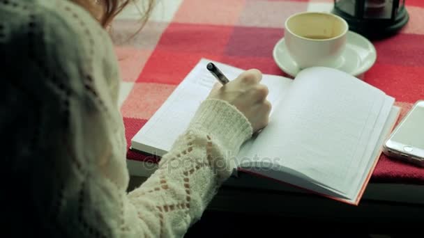 Atractiva mujer tiene una taza de té en el restaurante y tomar notas en el pad 4k — Vídeos de Stock