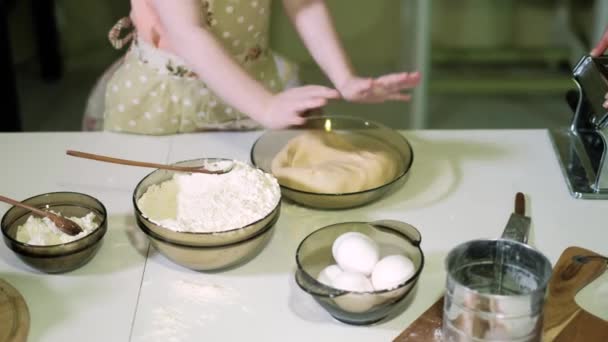 Smiling mother and daughter preparing dough together 4k — Stock Video