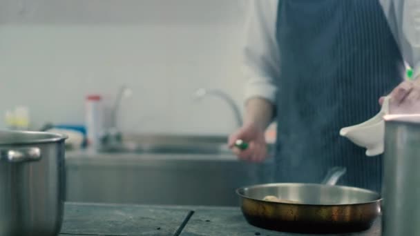 Cocinar en el restaurante freír carne y verduras 4k — Vídeos de Stock