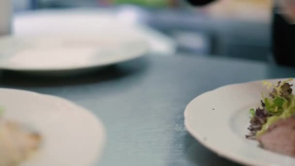 Le cuisinier du restaurant prépare et sert un plat appétissant 4k — Video