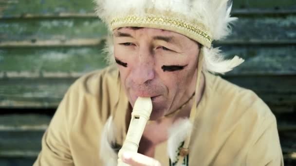 An Indian in a national costume plays a flute near a boat on the river bank 4k — Stock Video