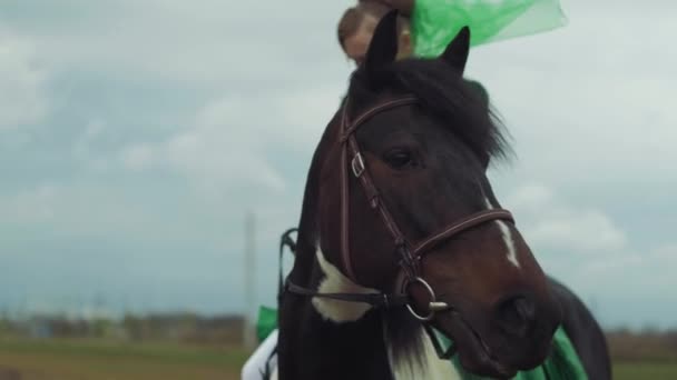 Una mujer con traje verde monta un caballo 4k — Vídeo de stock