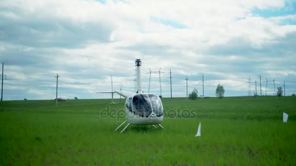 Vrtulník přistane na zelené louce, ostří otočit hd — Stock video