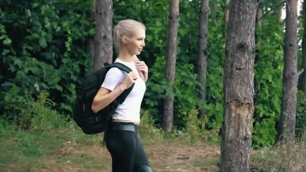 Una ragazza cammina nel bosco con una foto: stile di vita attivo — Video Stock