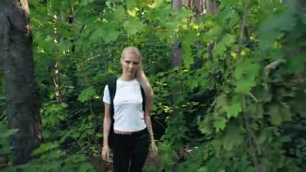 Une fille marche dans les bois avec une photo : mode de vie actif — Video