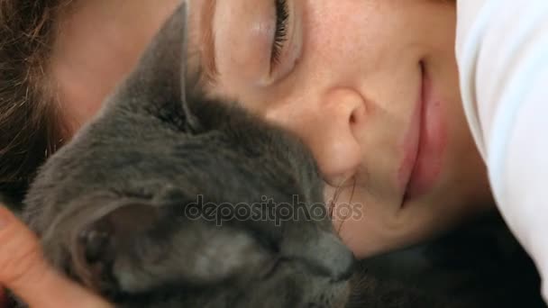 Hand of an elderly woman stroking gray cat sleeping on the bed — Stock Video