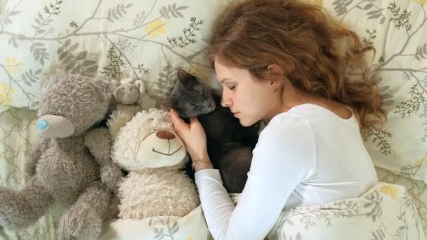 Hand einer älteren Frau streichelt graue Katze, die auf dem Bett schläft — Stockvideo