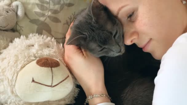 Рука літньої жінки, яка погладжує сірого кота, спить на ліжку — стокове відео