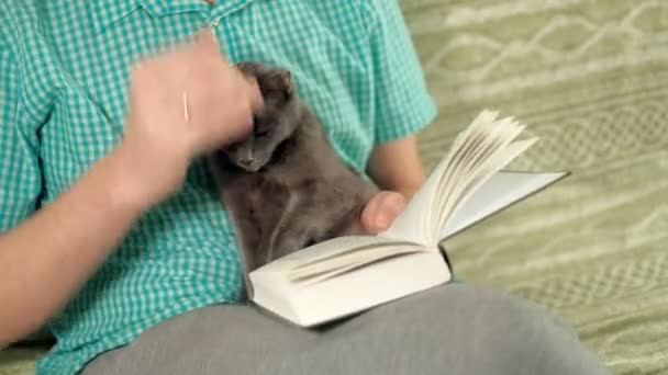 Мужчина читает книгу на диване дома — стоковое видео