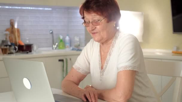 Vecchia parlare con sua nipote su skype utilizzando un computer portatile — Video Stock