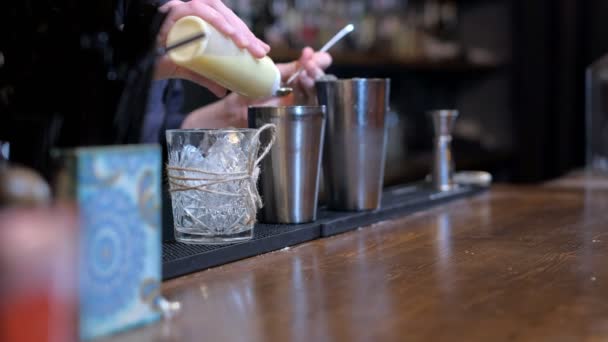 Un barman expert prépare un cocktail au bar — Video