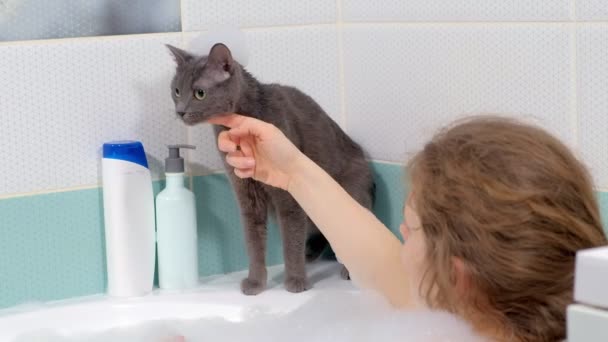 Красива жінка розслабляється у ванній. Біла піна, неквапливе миття. кіт сидить поруч — стокове відео