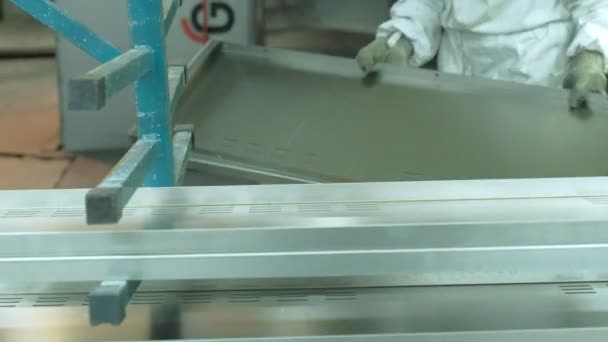 Рабочий на заводе шлифовальный металл — стоковое видео