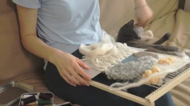 Bir kadın bir tezgah üzerinde güzel bir nakış iplikleri, eve bir stüdyoda yapılan örgüleri, kedi yakındır