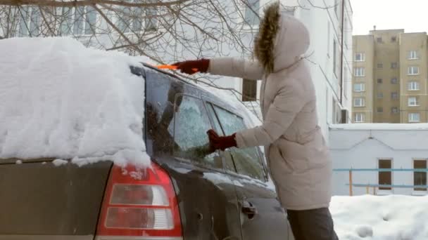 Молода жінка чистий автомобіль після снігового шторму зі скребком — стокове відео