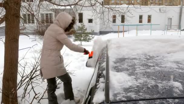 Ung kvinna ren bil efter snöstorm med skrapa — Stockvideo