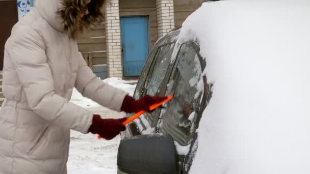 Jonge vrouw schone auto na sneeuwstorm met schraper — Stockvideo