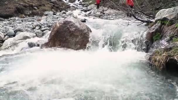 Tomboló hegyi folyó. Vadság, a tiszta, tiszta víz, a hegyi folyó. — Stock videók