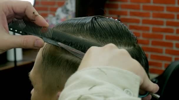 Barber cuts the hair of the client with scissors — Stock Video