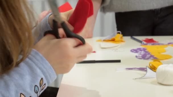 Девушки на уроке с учителем шьют мягкую игрушку своими руками — стоковое видео