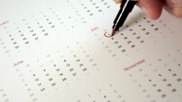 Sign the day in the calendar with a pen, draw a tick — Stock Video